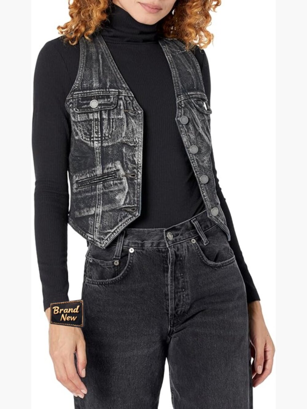 Coated Denim Vest With Seaming Detail - Sleeveless Casual Blazer
